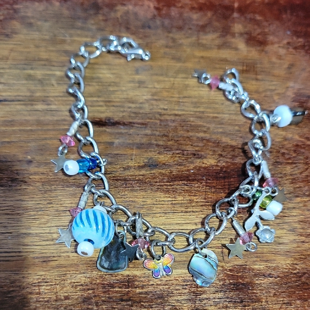 Vintage Silver Charm Bracelet with Multicolor Accents 8"